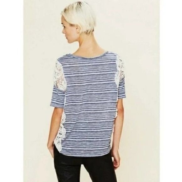 Free People We the Free Blue Stripe Battenburg Lace Short Sleeve Top S - Picture 2 of 6